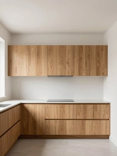 Straight-on architectural photograph of a minimalist kitchen with warm oak cabinetry, bright natural daylight, clean lines, 35mm lens