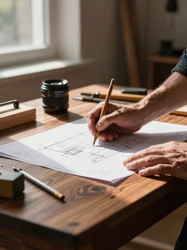Close-up of a master carpenter drafting plans on a solid walnut tabletop, warm natural window side-light, architectural tools, high contrast, 35mm lens