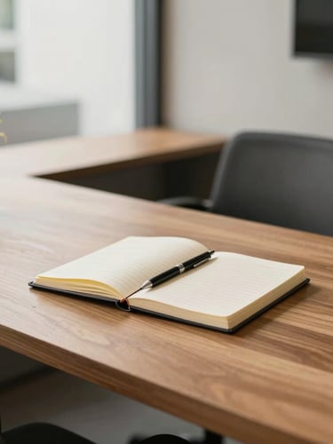 Warm editorial photography, natural daylight, a clean structured wooden desk with a notebook and pen in a modern Brazilian office, 35mm
