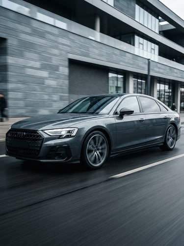 Dynamic low-angle tracking shot of a pristine executive sedan in front of modern slate-gray architecture, high-contrast overcast daylight, cool metallic tones, 35mm lens.