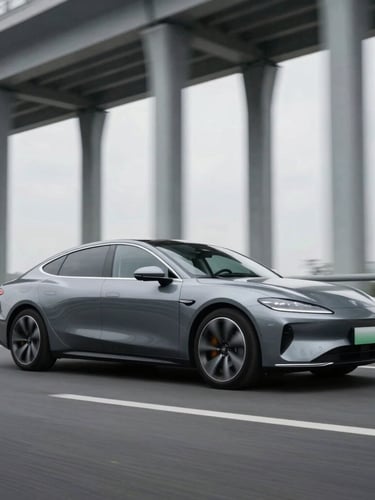 Dynamic low-angle tracking shot of a modern slate-gray executive sedan driving past steel architectural columns, overcast daylight, sharp metallic reflections, 35mm lens.