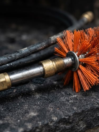 Tight macro shot of professional chimney sweep equipment, clean metal rods and nylon brushes on a deep charcoal surface, overcast Baltic daylight, sharp focus, 35mm