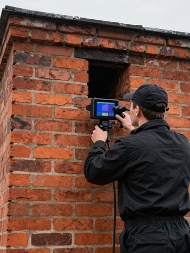 A professional chimney sweep in a clean black uniform, holding a high-tech endoscope camera screen displaying the interior of a brick chimney, overcast Baltic daylight, sharp focus, 35mm