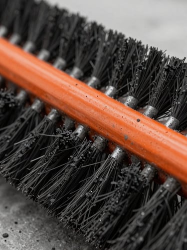 Close-up macro shot of clean professional chimney sweeping equipment, high-contrast soot textures on metal brushes, overcast daylight, 35mm.