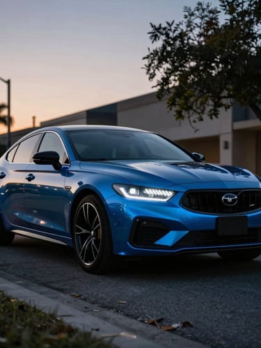 Low-angle heroic shot of a sleek modern sedan parked on an Orlando street under dramatic twilight lighting, metallic body contours highlighted by electric blue neon glow