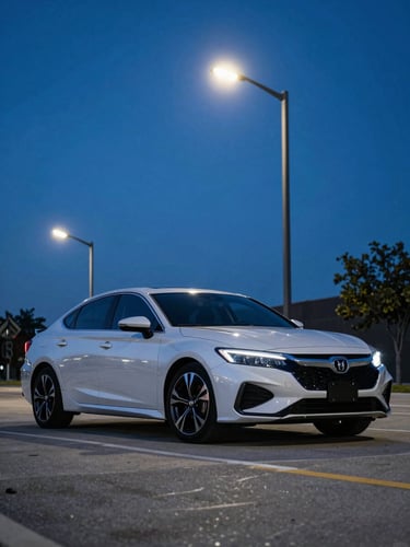 Low-angle heroic shot of a clean modern sedan parked under dramatic blue twilight streetlights in Orlando