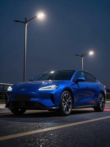 Low-angle heroic shot of a sleek modern sedan parked under dramatic cobalt streetlights, sharp focus, 35mm lens