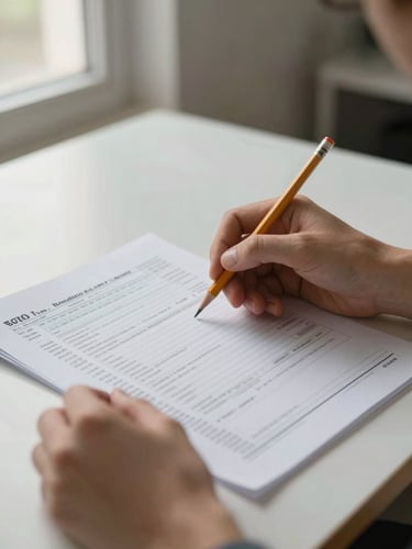 Close-up of hands reviewing a printed tax schedule on a clean desk, a pencil held lightly in one hand, diffused natural light from a window to the left, early morning tone, no artificial lighting, muted paper textures visible