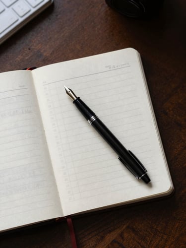 Overhead flat-lay of an open ledger on a dark wooden desk, a fountain pen resting diagonally across the page, columns of handwritten figures visible, diffused window light from the upper left casting soft shadows, no people