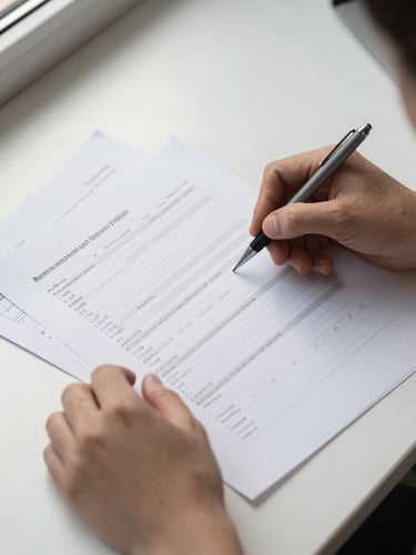 Close-up overhead flat-lay of hands reviewing a printed financial document on a clean desk, a mechanical pencil resting beside ruled paper, diffused overcast light from a nearby window casting soft even shadows, no people visible beyond the wrists