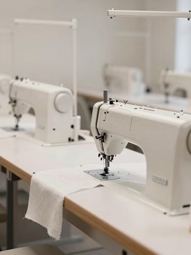 Clean organized textile production line, high-end sewing machines, minimalist factory setting, soft lighting, neutral tones, 35mm
