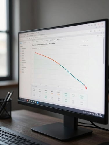 Wide environmental shot of a workspace, angled monitor showing a funnel analytics dashboard with conversion rate columns and a declining cost-per-lead trend line, window light from the left, dark desk surface, no person visible, tight crop on screen data