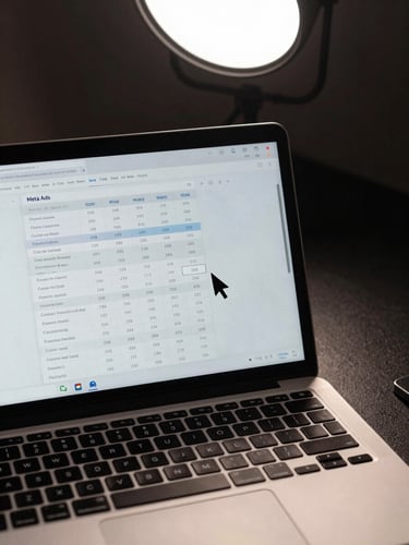 Overhead close-up of a laptop screen displaying a Meta Ads dashboard with ROAS columns and cost-per-lead rows, a cursor hovering over a highlighted metric cell, studio strobe lighting from above casting sharp shadows on the keyboard, dark desk surface