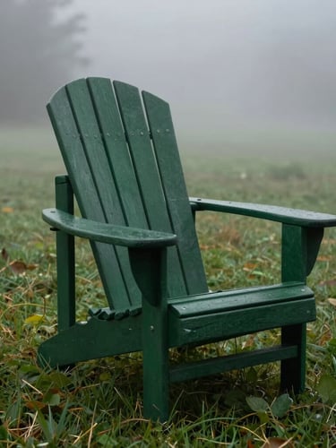 A heavy forest green Adirondack chair resting on a misty, damp lawn at dawn, moody morning fog, rich wood texture, 35mm lens