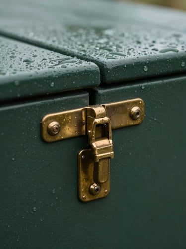 A close-up portrait of a heavy-duty brass hinge on a dark forest green resin storage bench, damp with morning dew, rich textures, overcast light.