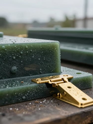 Close-up of thick industrial-grade resin textures and heavy-duty brass hinges on a workbench, soft overcast daylight, rich details.