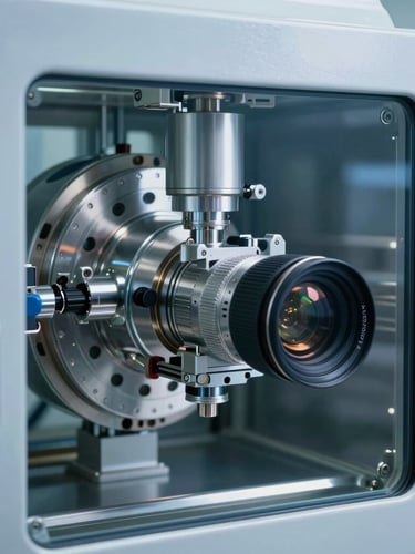 Clinical industrial photography of an environmental test chamber, cool blue and metallic tones, crisp technical studio lighting, 50mm lens