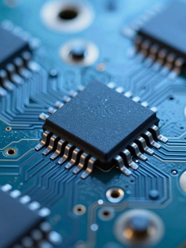 Macro close-up of a high-precision circuit board under cool clinical blue studio lighting, showing metallic solder joints and microchips.