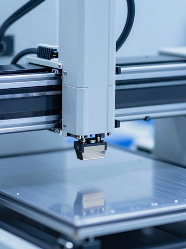 Clinical industrial photography of automated SMT line running under cool blue studio lights, high-speed pick-and-place head in sharp focus, metallic surfaces, 50mm lens