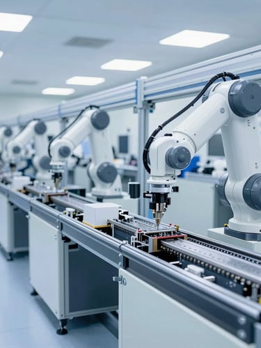 Wide-angle clinical industrial photography of a state-of-the-art SMT assembly line, robotic arms in motion, clean white and slate gray machinery, bright cool lighting, pristine floor