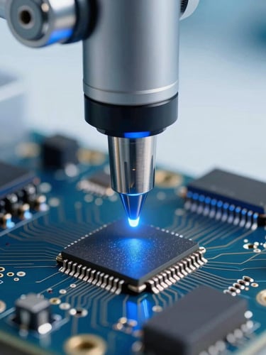 Macro close-up of a robotic nozzle placing a micro-chip onto a circuit board, clinical blue LED lighting, sharp reflections on metallic solder joints, 50mm lens