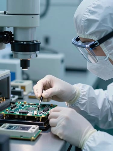 A high-magnification portrait shot of a technician in cleanroom protective gear inspecting a high-precision circuit board under clinical blue and white highlights, metallic surfaces, sharp focus