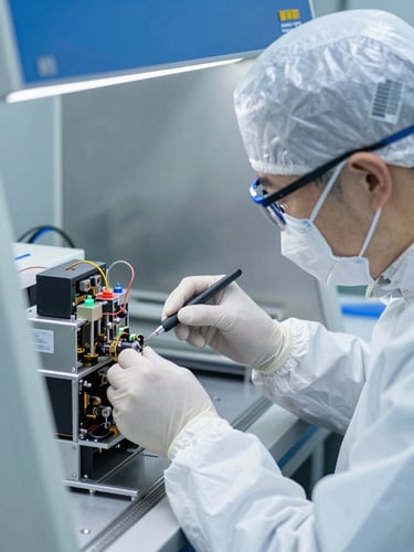 Technician in white cleanroom suit and mask assembling complex optoelectronic device under a laminar flow hood, clinical blue highlights