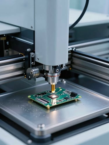 An automated SMT pick-and-place machine in motion, placing microscopic components on a PCB, cool clinical studio lighting.