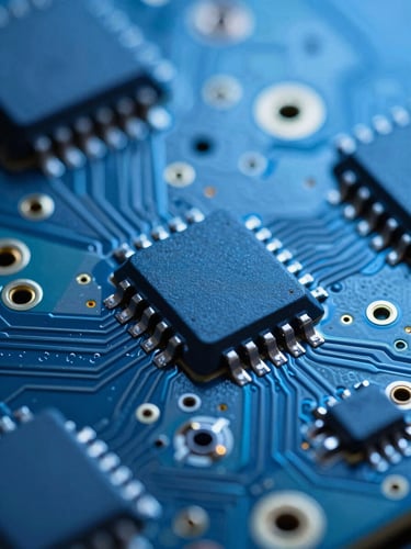 Macro close-up of a high-precision circuit board, cool clinical blue lighting, sharp focus on SMT solder joints, 50mm lens