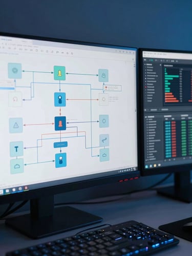 Close-up overhead shot of a developer's dual-monitor workstation, AI model architecture diagram filling one screen and live deployment metrics on the other, cool blue studio lighting, no faces visible
