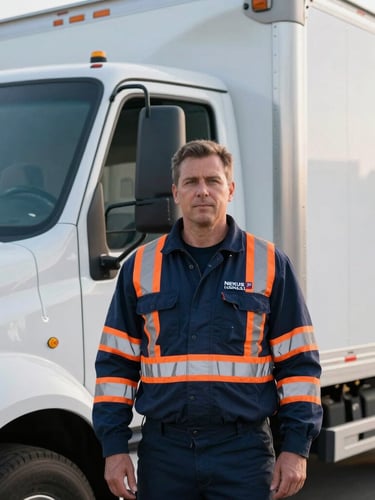 Portrait of a professional Nexus Group LLC driver in high-visibility gear, standing confidently beside a clean, modern box truck, secure cargo tie-downs visible, crisp morning light, deep navy and safety orange tones, sharp focus, 35mm.