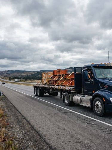 Wide environmental shot of a modern flatbed truck with secured cargo tie-downs on a highway at crisp morning light, high-contrast overcast daylight, professional driver visible in high-visibility gear, deep navy and safety orange tones, sharp focus, 35mm, vehicle on the right third, expansive sky