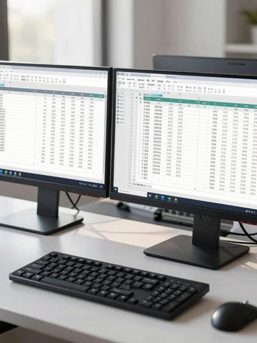 Modern clean workspace with dual monitors displaying structured financial ledgers and spreadsheets, cool natural morning light, sharp focus, professional corporate editorial style.