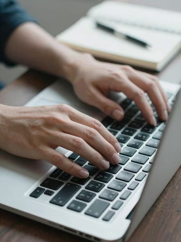 Close-up detail of hands typing on a modern laptop keyboard next to a clean notebook, bright natural cool-toned light, professional setting.