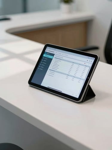 A clean, modern medical reception desk with a tablet displaying scheduling software, soft architectural shadows, professional clinical environment.
