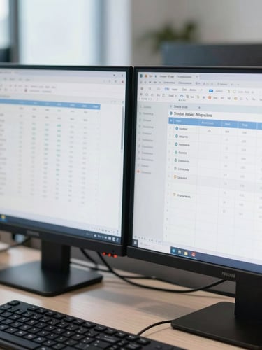Close-up of dual-monitor setup in a bright US accounting firm, displaying clean financial spreadsheets and secure cloud accounting software under cool daylight.