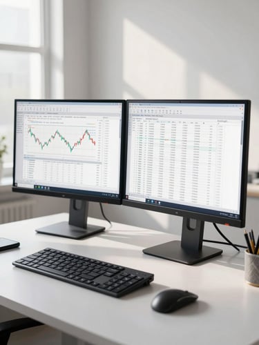 A clean, bright, modern dual-monitor workspace with financial spreadsheets visible, cool morning light streaming through a window, highly structured composition.