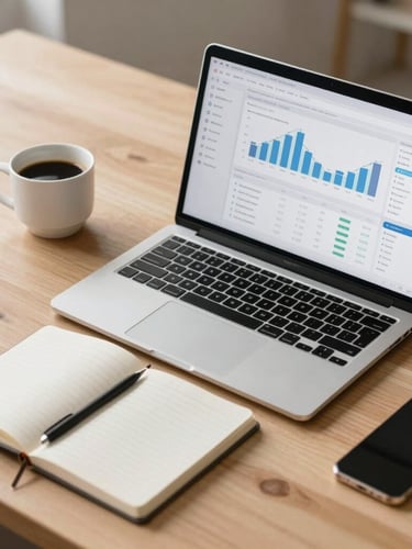 Minimalist workspace with a laptop showing e-commerce analytics charts, a clean notebook, and a cup of coffee on a light oak desk, bright natural lighting.