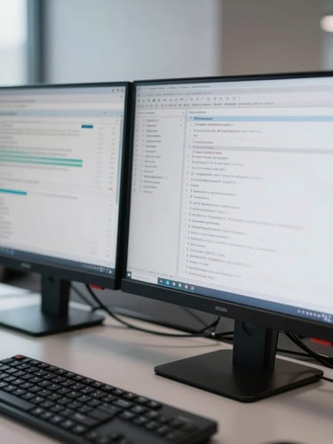 A sharp, close-up of a modern dual-monitor financial workstation, clean ledger dashboards visible on screens, cool morning daylight, professional corporate setting.