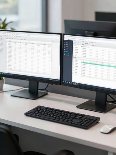 A clean modern office workspace with dual monitors displaying financial spreadsheets and secure accounting software under cool daylight, sharp angles.