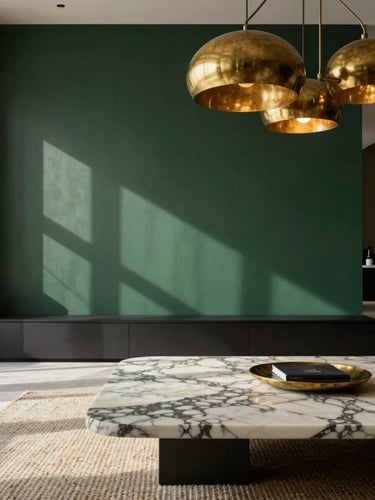 Close-up wide shot of a luxury villa living room interior — deep green accent wall behind a low-profile marble coffee table, brass pendant light casting warm pools of gold, natural daylight raking in from the left, premium woven rug visible in the foreground, no people
