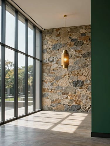 Wide interior room framed from the left third, north-facing light flooding through floor-to-ceiling glass panels onto a stone-clad accent wall, warm gold pendant fixture hanging mid-frame, deep green wall panel to the right edge, no people, architectural stillness