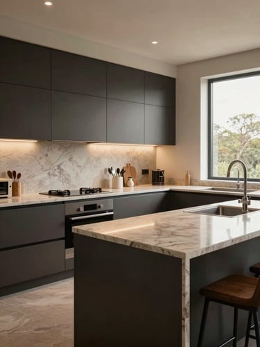 Wide environmental shot bleeding left — a large island kitchen interior under warm studio lighting, polished stone worktop reflecting overhead task lights, integrated appliance panels flush with cabinetry, dark matte finishes contrasting with natural light from a tall window at frame right, no people, architectural framing from standing eye level