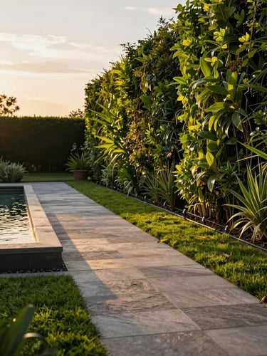 Wide environmental shot of a villa landscape at golden hour — stone pathway cutting diagonally through manicured lawn, water feature catching low amber light on the left, vertical garden wall in lush deep green on the right, drip irrigation lines invisible at ground level, no people