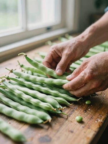 Close-up of weathered hands sorting freshly harvested green beans on a rustic wooden table, soft natural window light, shallow depth of field.