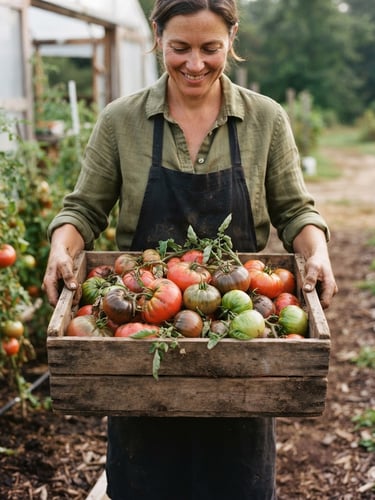 Low-angle medium shot of a grower holding a wooden crate of heirloom tomatoes, soft morning harvest light, rich soil details, editorial food photography style.