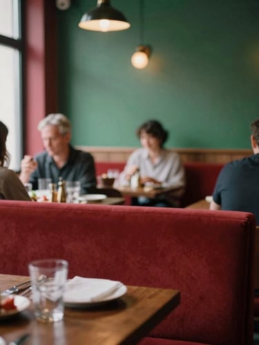 A cozy Scandinavian-style restaurant dining room filled with guests, warm indoor ambient light, high-contrast shadows, rich crimson accents, shallow depth of field