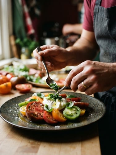 Close-up of hands plating a vibrant heirloom tomato dish, soft side window light, high-contrast shadows, 35mm film style
