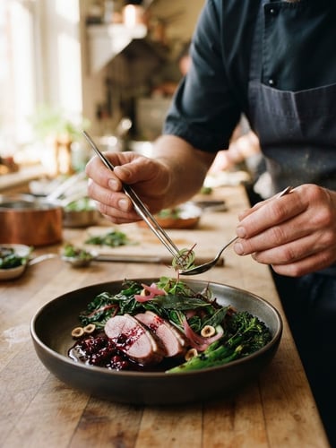 Editorial food photography of a chef's hands plating a fresh dish in a sunlit kitchen, soft natural window light, rich crimson and forest green tones, shallow depth of field, 35mm film
