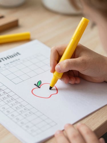 Close-up of a child's hand holding a bright yellow marker, coloring in a hand-drawn apple icon on a printed habit tracker, warm natural kitchen light, shallow depth of field.